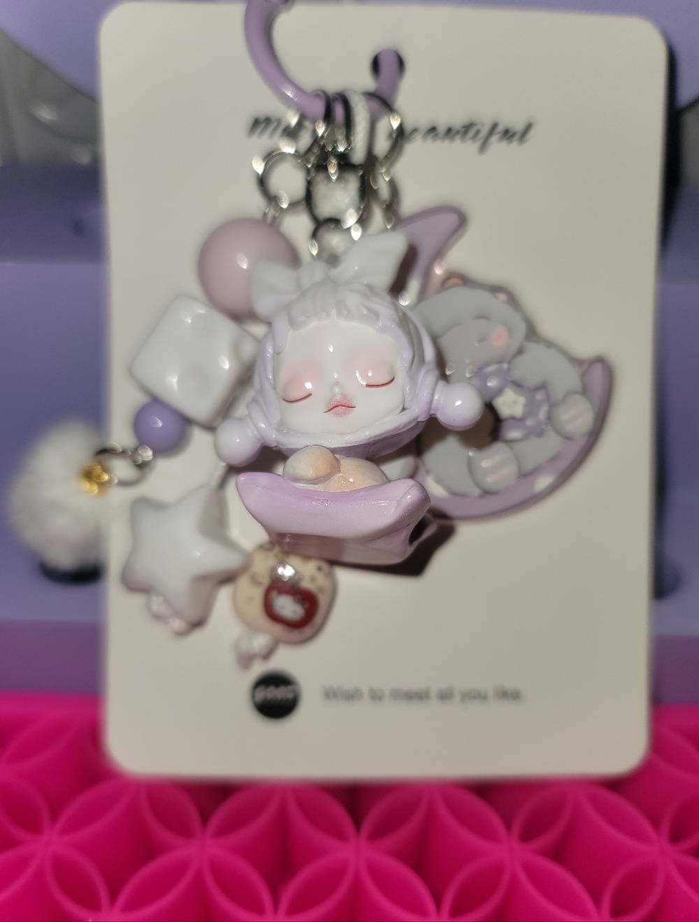 NWT- Cusrom Skull Panda Themed Cute Lavender Sleeping Girl Keychain Charm - Picture 4 of 6